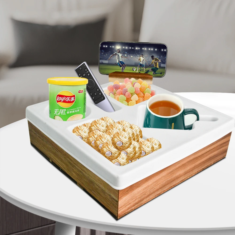 Bamboo Sofa Cup Holder Sofa Caddy  with Rotatable Phone Holder, Waterproof Handy Couch Caddy
