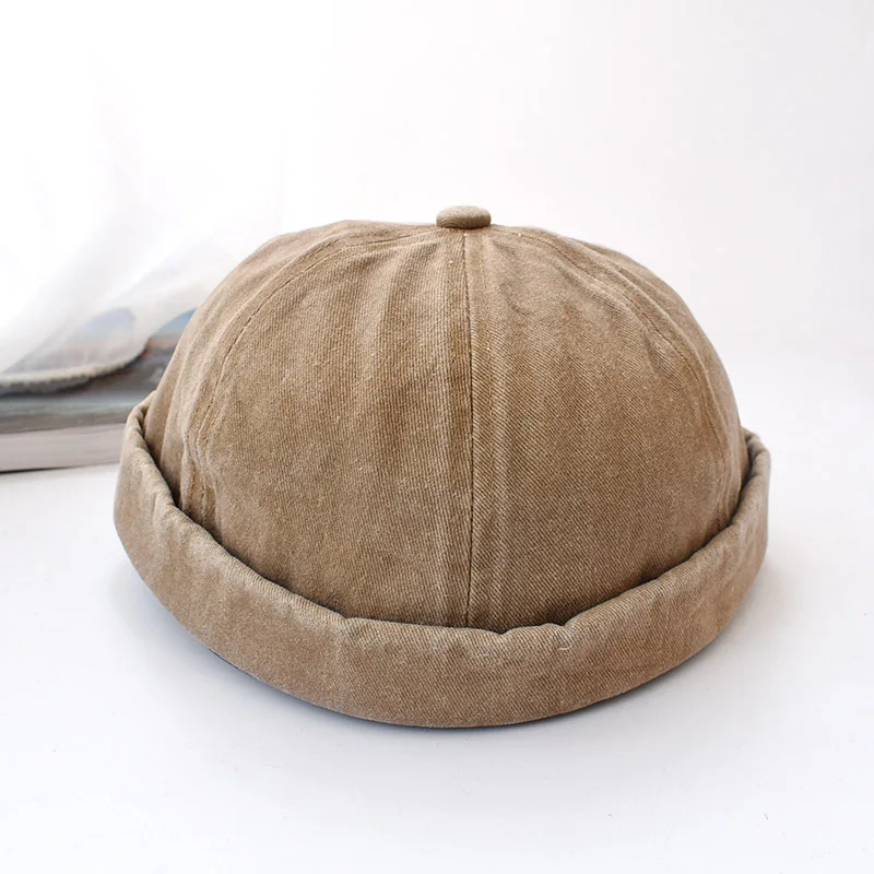 Hip Hop Men Headwear Brim Rolled New Stylish 6 Panels Hippie Washed Cotton Denim Melon Bonnet Docker Landlord Brimless Cap Hats