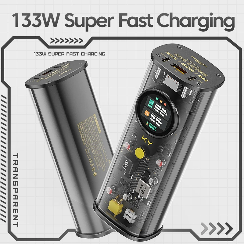 133W 20000mAh Larger Capacity Transparent Design Smart Power Bank with IPS Screen For Laptop Macbook