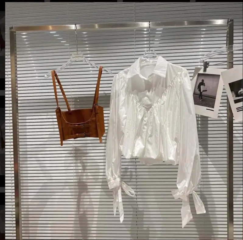 High Quality Wholesale Autumn New Design PU Corset Vest Shirt High Waist Sling Camisole Bow Cuff Shirt Two-Piece Blouse Set