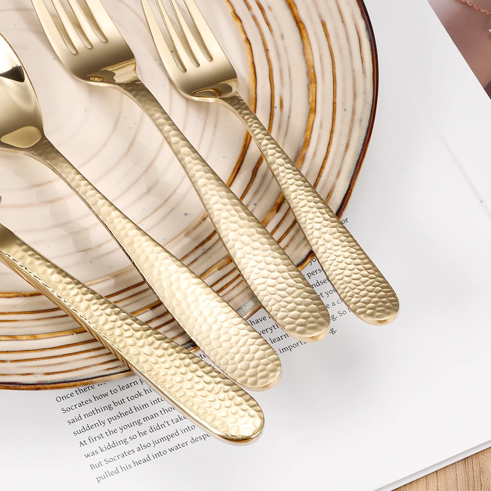 18/0 Thick Hammered Handle Stainless Steel Flatware Set Knife Fork Spoon Silverware Wedding Champagne Gold Cutlery Set