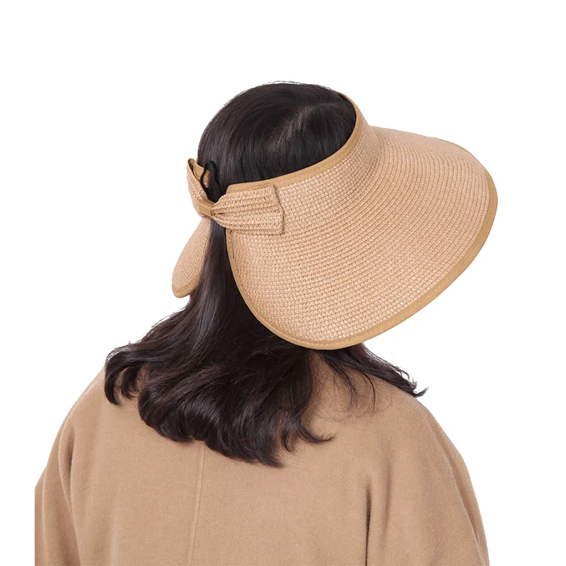 Fashion Women Wide Brim Empty Top Foldable Girl Straw Beach Hats Women Straw Summer Bow Visor Cap