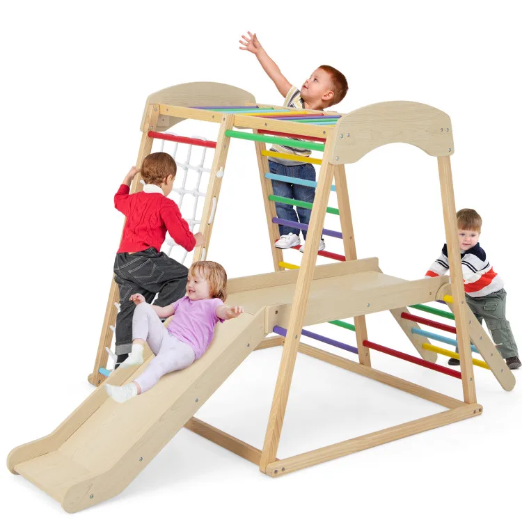 WoodVille Wholesale High Quality Wooden Indoor Playground Montessori Climbing Set with Slide