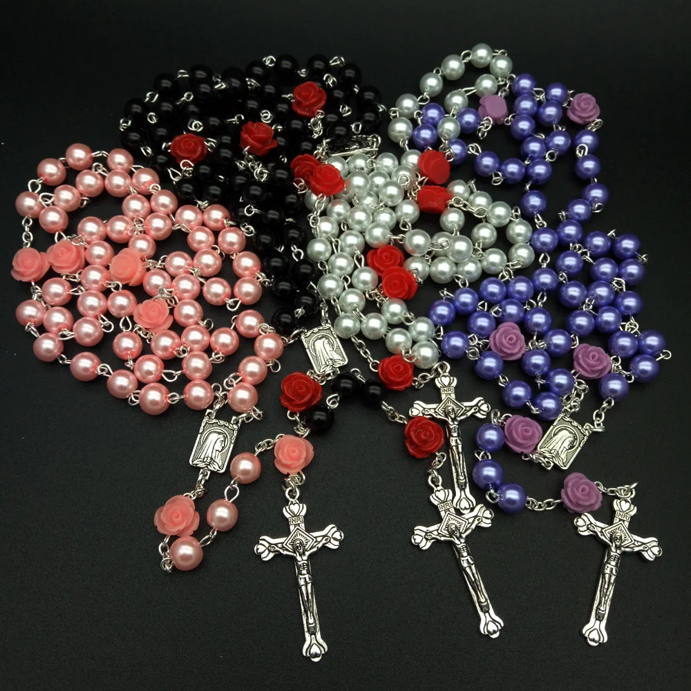 Wholesale 8MM Rose Pearl Cross Pendant Rosary Necklace Catholic Jewelry