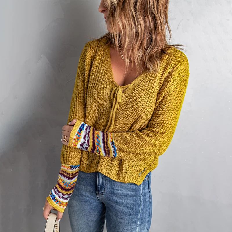Скидка 2022, Новое поступление, Женский вязаный свитер на завязках с V-образным вырезом