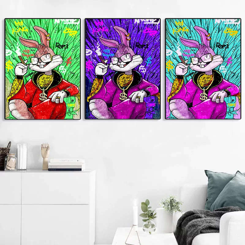 Cool Bucktooth Rabbit Cartoon Graffiti pop Wall Art Pictures and posters Print on Canvas Oil Painting For home kids room decor