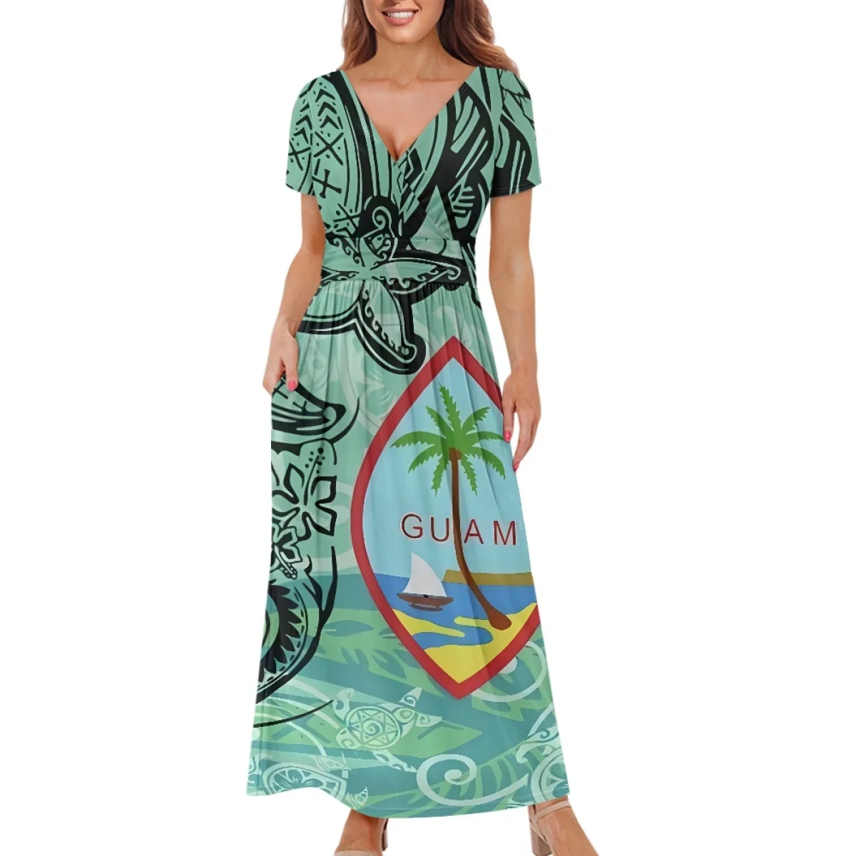 Custom Guam Flag Dresses With Pockets Women Polynesian Tattoo Design Deep V-neck Dress Summer Short Sleeve Party Dres Wholesale