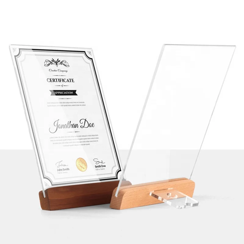 Factory wholesale 21*14.8cm T-shaped acrylic sign holder wooden wine brand table menu price card Photo Frame