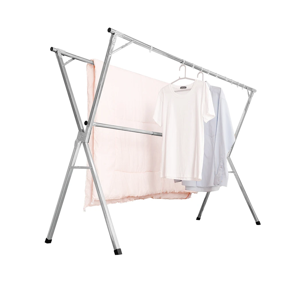 X-Shaped Foldable Clothes Laundry Rack Stainless Steel Retractable Extendable Drying Shelf Garment Storage Stand with Hooks