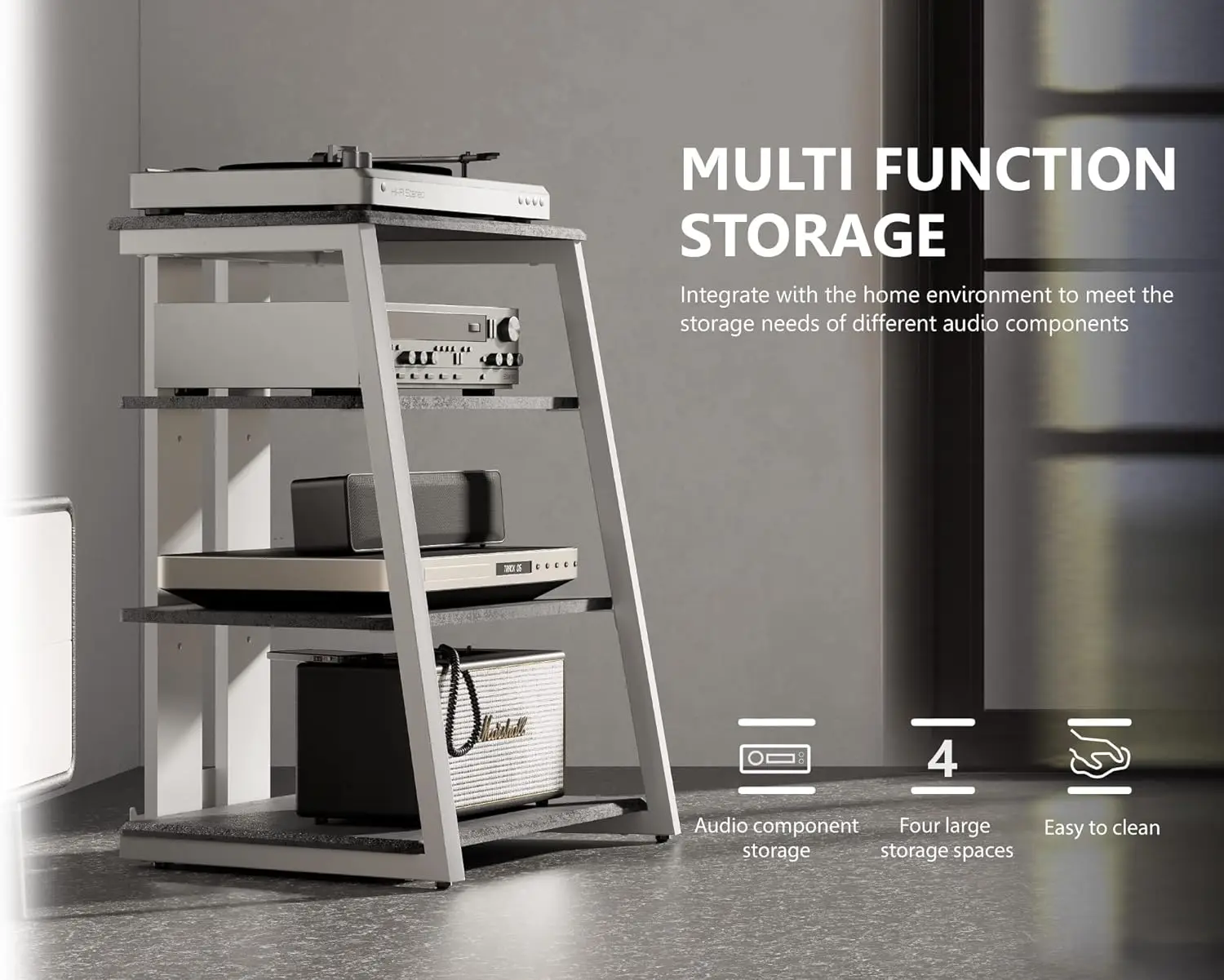 Living Room Kitchen Warehouse Home Furniture 4 Shelves HiFi Cabinet Wood Steel CD player Stand