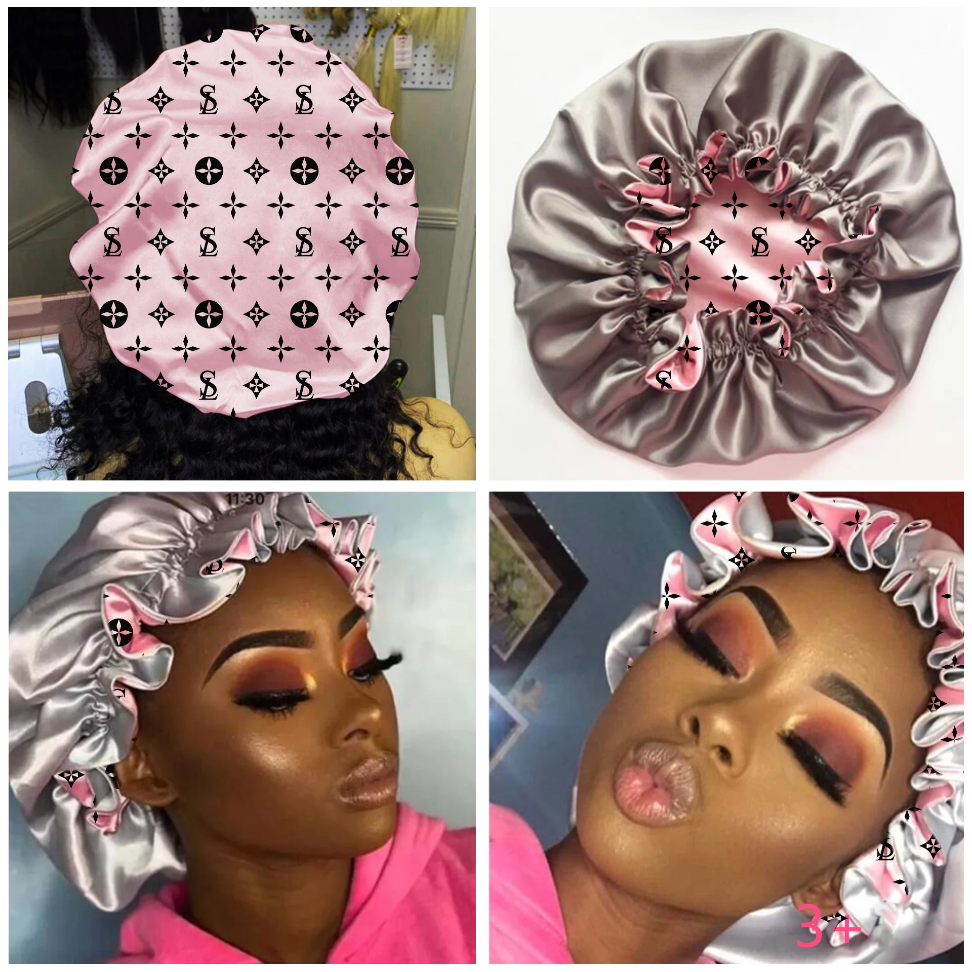 reversible  100% silk newest style with luxury lfancy pattern logo  hair bonnets Satin designer bonnet