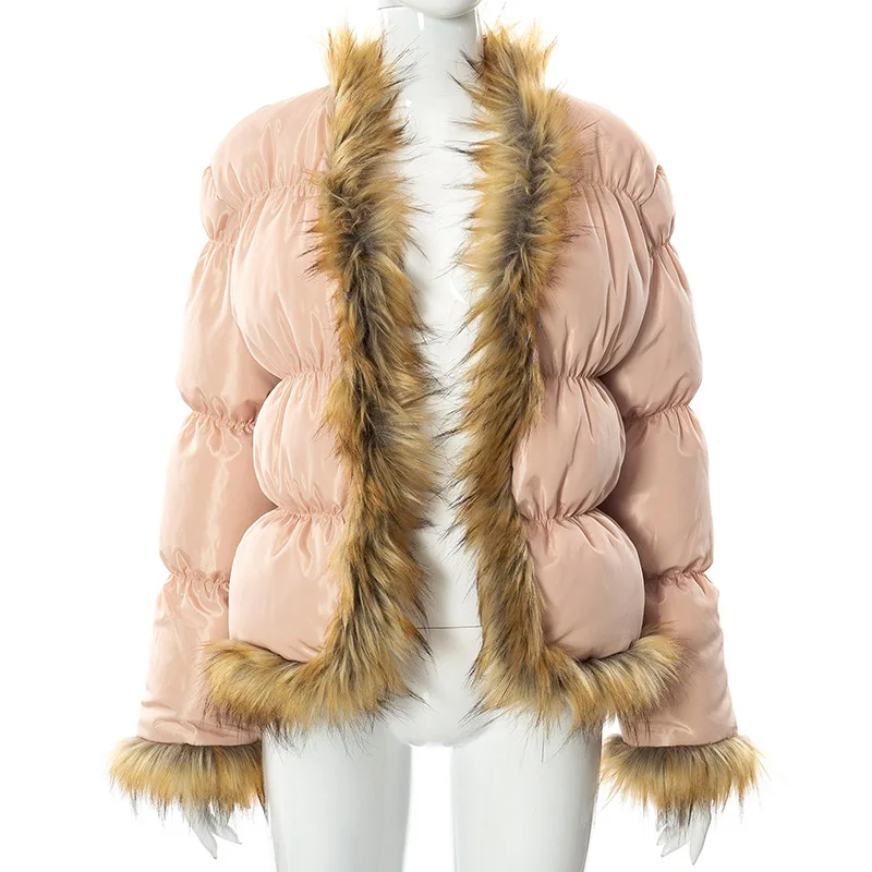 2022 New Winter Faux Fur Down Jacket Patchwork Long Sleeve Bubble Coat Women Thick Warm Faux Fur Collar Coat