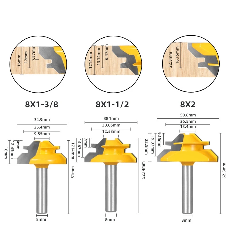 AutoErizo Professional 45 degree Tenon Joint Cutter 3-pcs set Milling Cutter Woodworking Router Bit