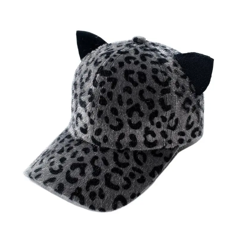 wholesale  Ladies Women Adjustable Unique 6 Panel Custom Leopard Baseball Cap With Cat Ears