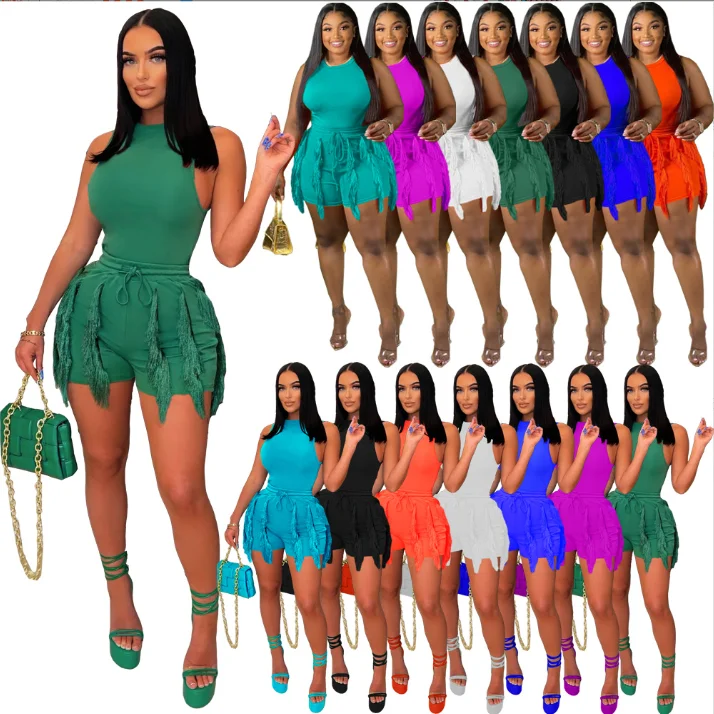 Summer shorts Suits women clothing 2023 casual sleeveless tank top vest Two Piece Pants Set Drawstring Tassel Shorts Set