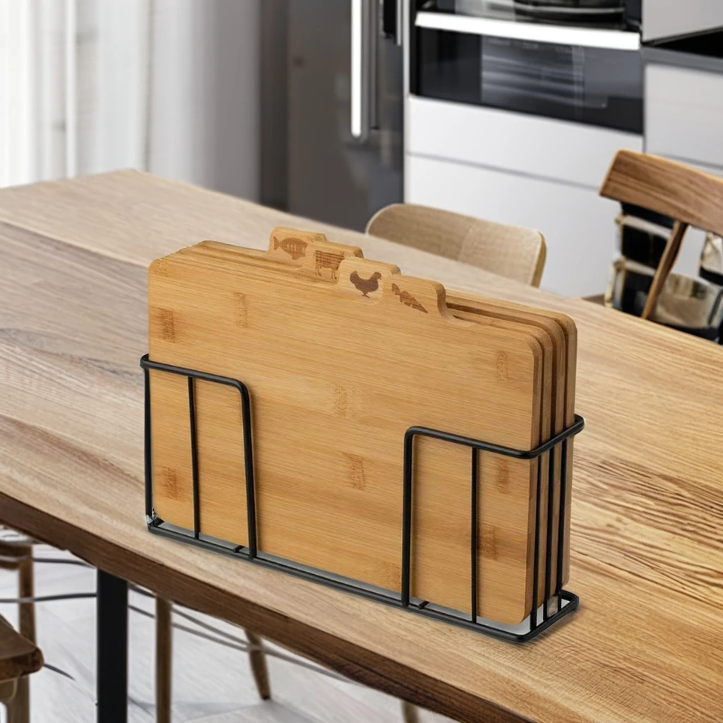 Set of 4 Bamboo Wooden Index Cutting Board Chopping Board  with Storage Metal Holder for Kitchen Bread Meat Vegetables Fish