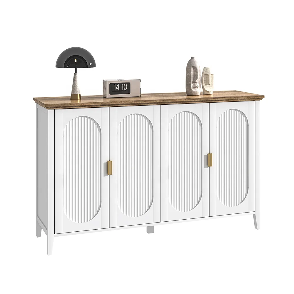 Fluted Panel Dining Living Room Coffee bar Cabinet Furniture 4 Door Wooden Kitchen Buffet Sideboard