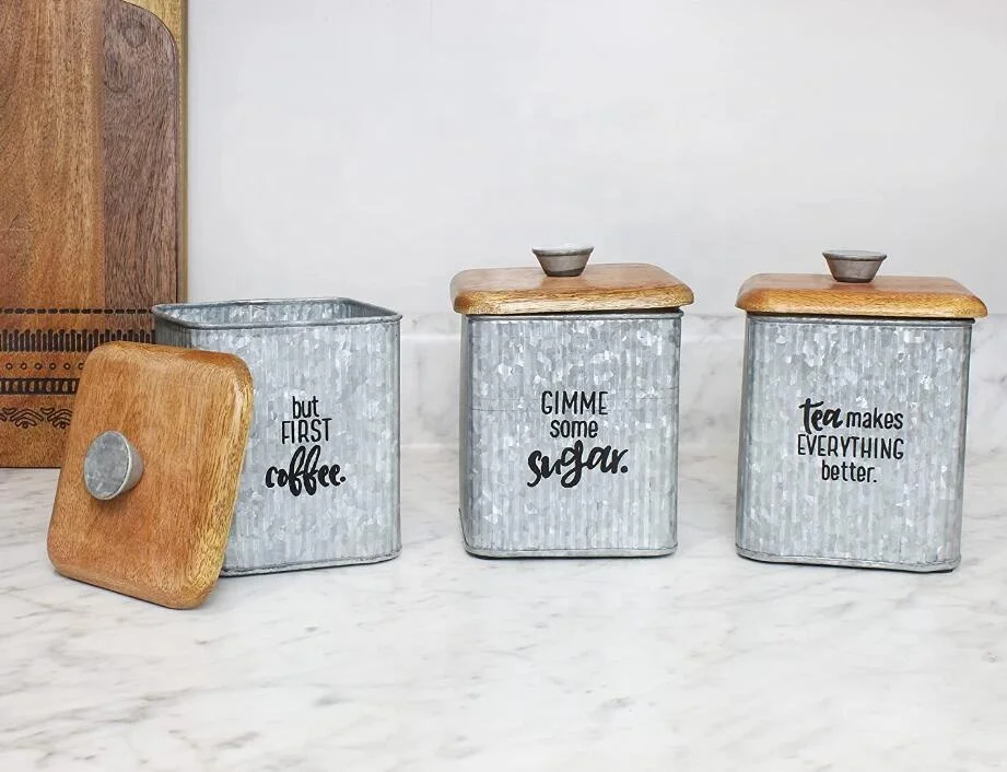 Farmhouse Galvanized Canisters Set of 3 Storage Containers for Coffee and Tea and Sugar in Galvanized Iron and Wood Design