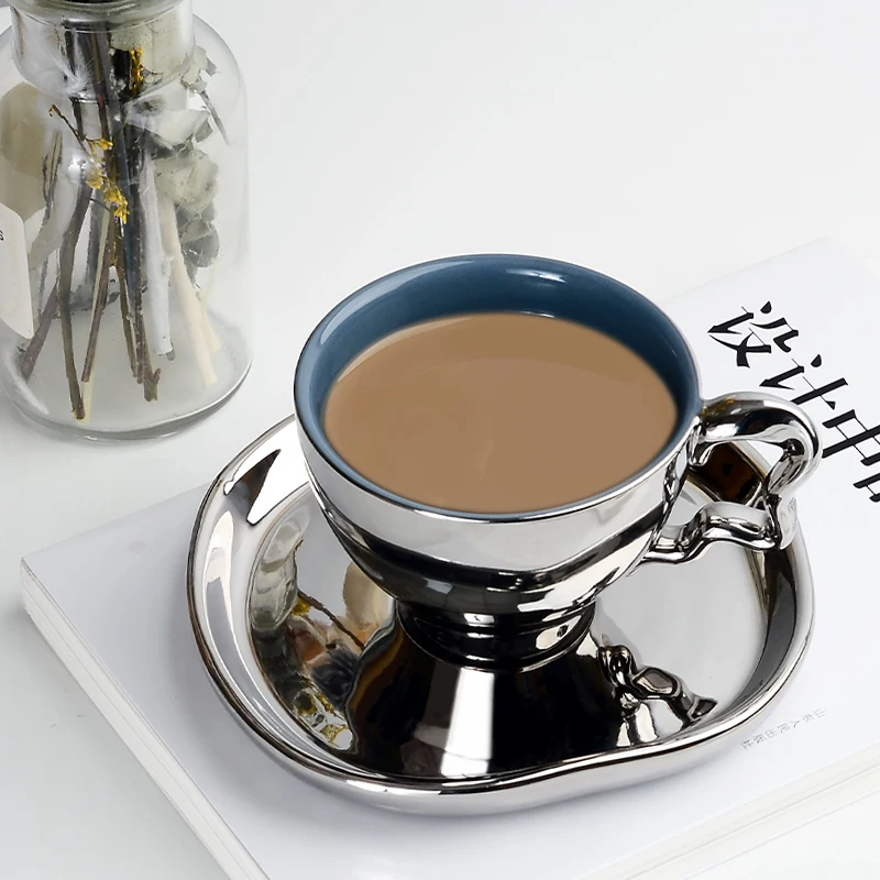 Electroplated Coffee Mug Coffee Cup and Saucer Set Ceramic Factory Wholesale Nordic Modern Fashion Transparent Flower Matte