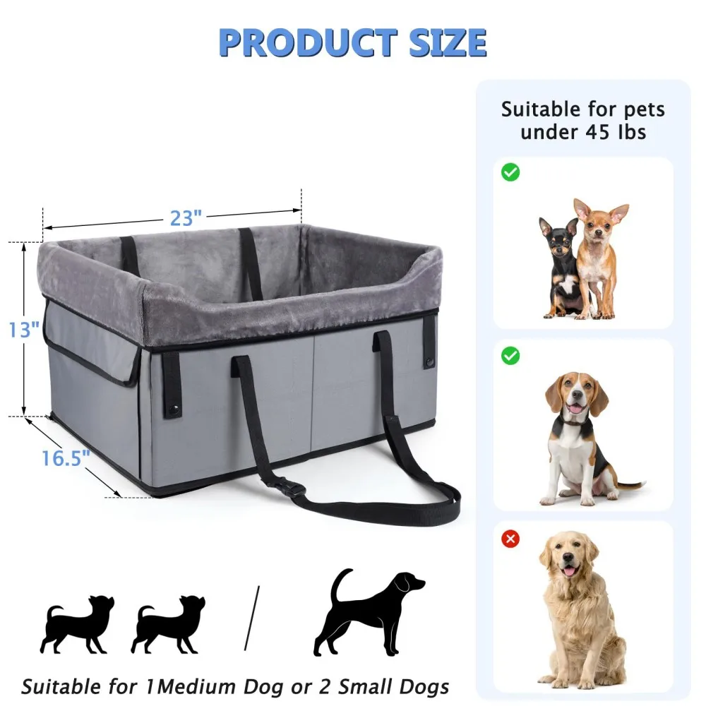 Dog cat Car Seat for Medium Dogs or 2 Small Dogs Portable Pet Booster car Seat with Clip-On Safety Leash and Adjustable Straps