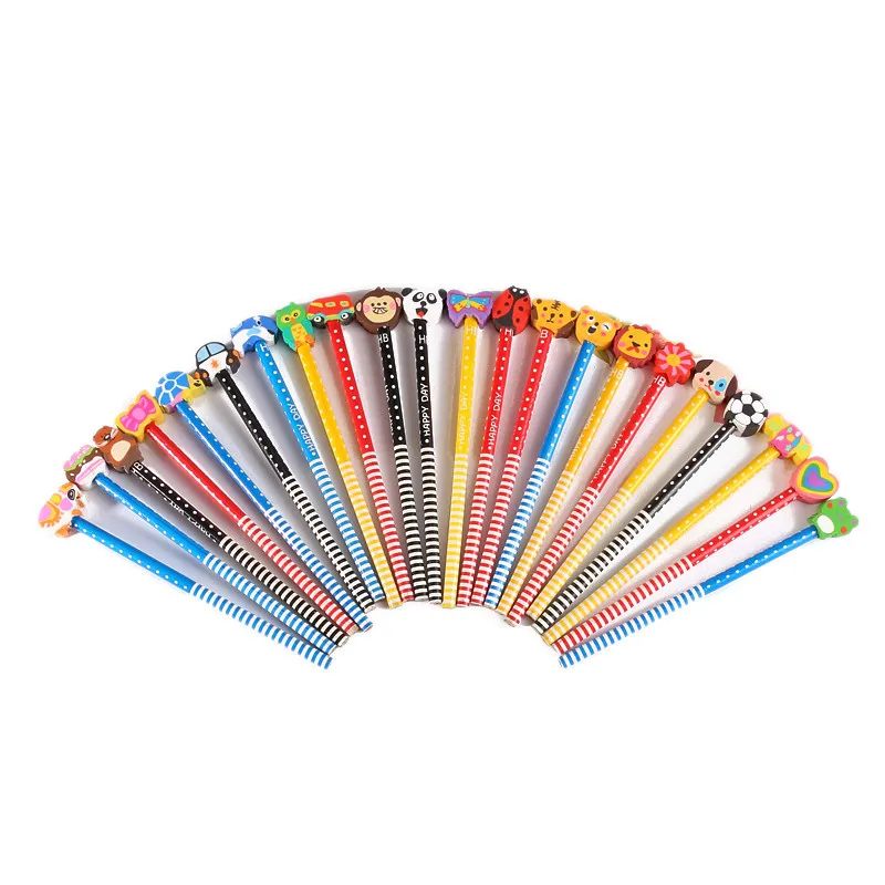 Wholesale festivals gifts Cartoon Wood Pencil Cartoon Eraser Topper Pencils kids Personalized cute HB Pencils