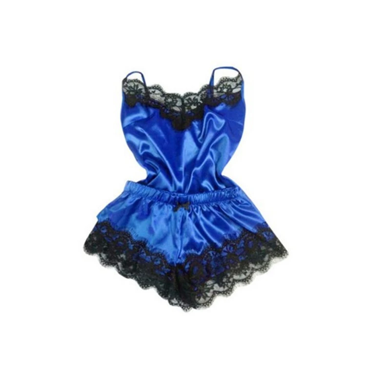 Hot Woman Sleepwear Spaghetti Strap Satin Silk Two Piece Nightwear Chemise Femme Cami Short Lace Pajamas Set