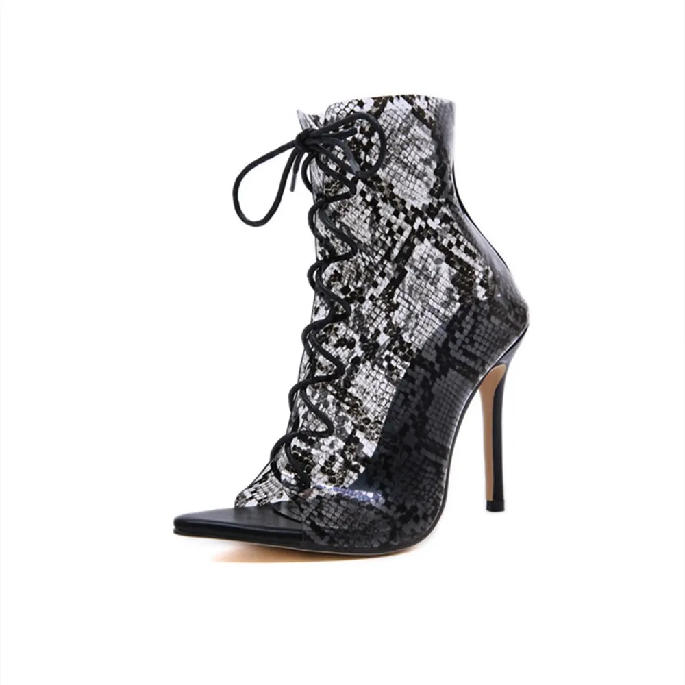 
BLE128-61 ISEEYOUFIRSTshoes women Wholesale New Style Luxury Transparent Snake Print Super High Heels Pointed Toe Fashion Boots 