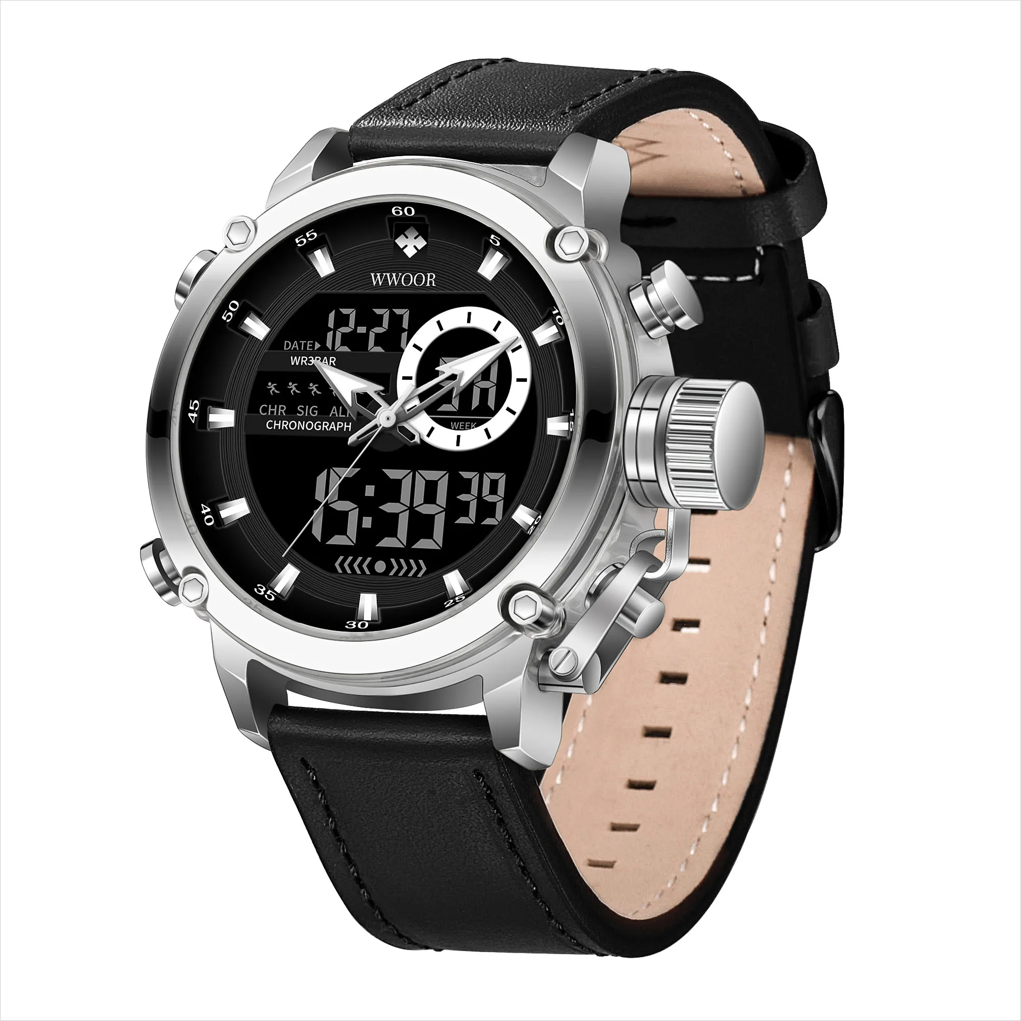 New Arrival WWOOR 8882 LED Dual Display Men Watch Luxury Leather Band Calendars Sports Quartz Clock Wristwatch