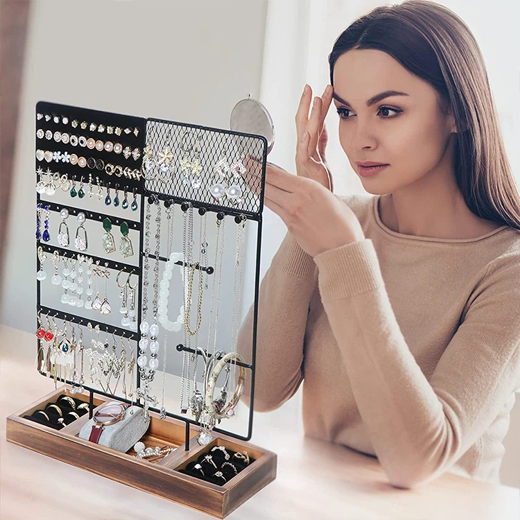 Jewelry Organizer Stand,Earring Organizer with 84 Holes Ear Stud,Jewelry Organizer Holder with Wooden Tray for Earrings Necklace