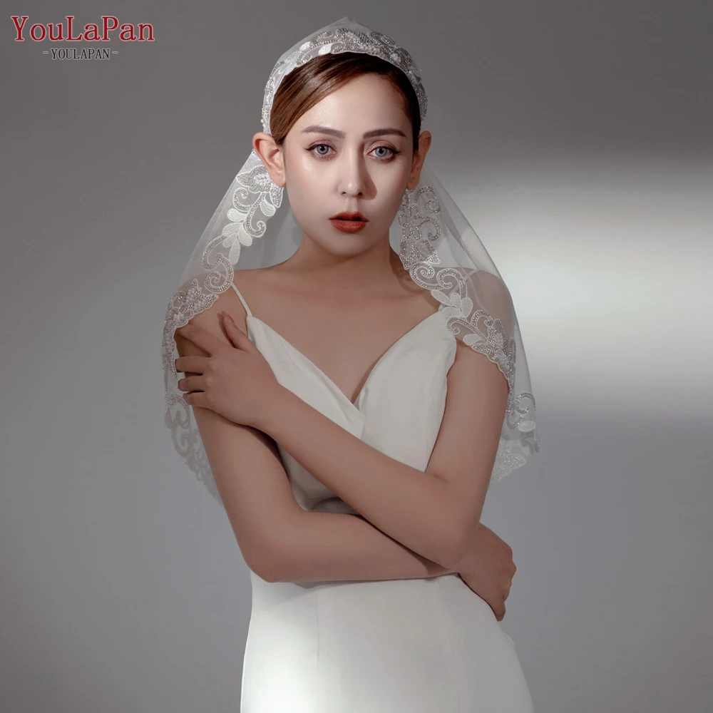 YouLaPan V60 Retro Short Without Comb Cover Veil Hand Beaded Embroidered Lace Single Layer White Veil Bridal Wedding Veil