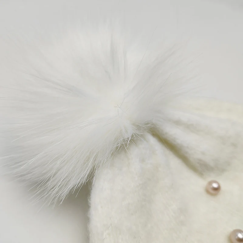 ALLCH Kids Winter Fashion Knitted With Pearls Lurex Edge Cuff Fur Pompom Beanie Hat