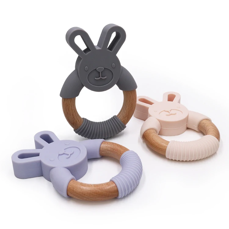 Non-Toxic Soft Silicone Teething Accessory Product Wood Baby Teething Toy Wooden Teething  Necklace Rabit Teether for Boys Girls