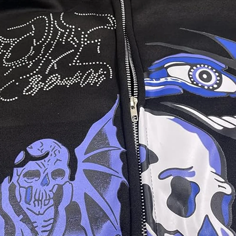 Custom High Quality Rhinestone Skull Purple Printed Streetwear Oversized Cotton Casual Zip Up Goth Jacket Hoodies For Men