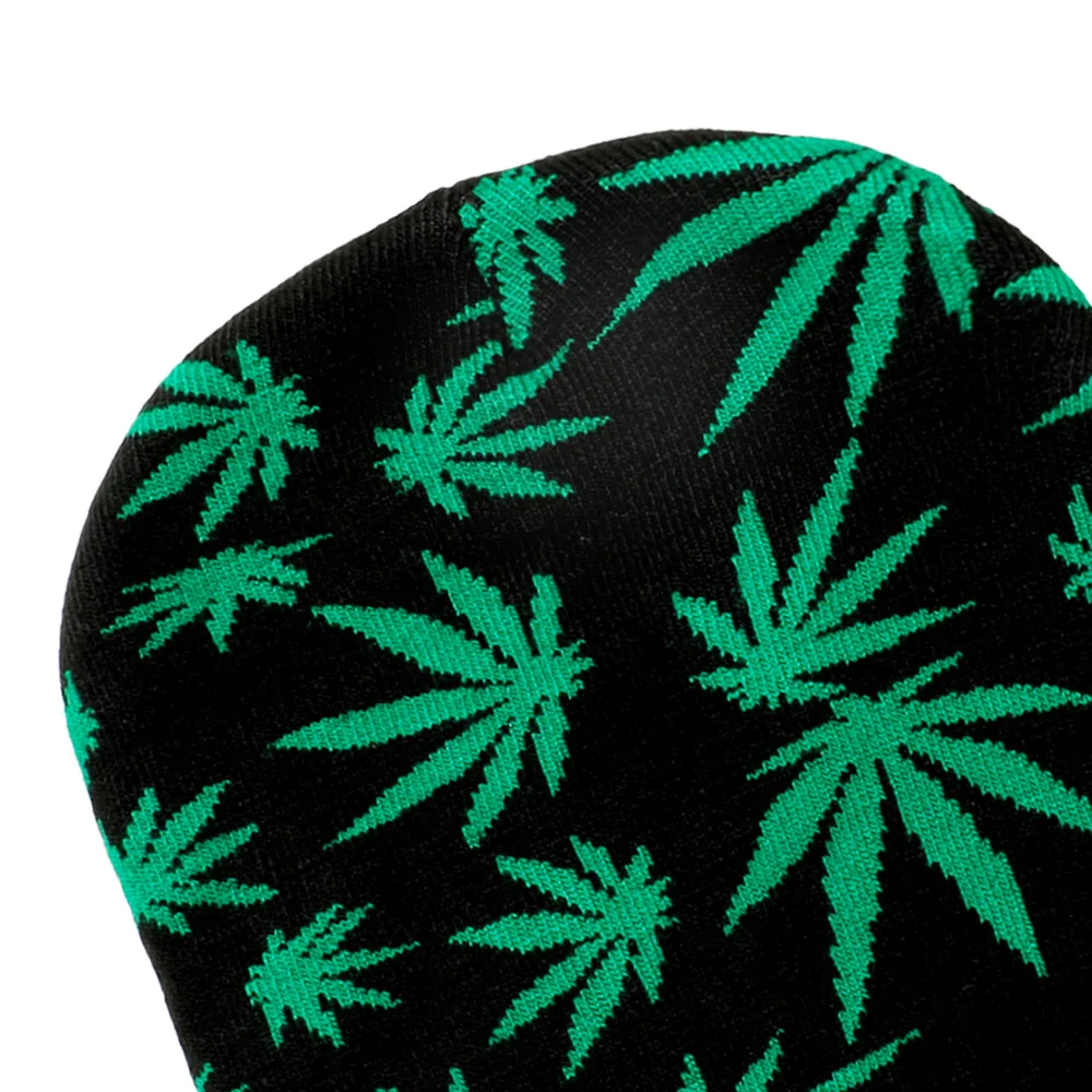 2024 New Men Women Hip Hop Autumn Winter Colorful Green Marijuana Weed Leaf Jacquard Brimless Knitted Warm Beanie Hat for Unisex