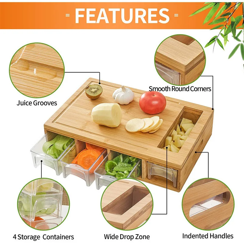 Multi-functional Bamboo Cutting Board With 4 Container Tray Kitchen Wooden Chopping Board With Storage Box