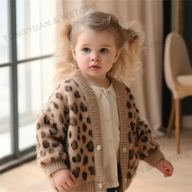 Производители одежды на заказ, кардиган с бантом и леопардовым принтом, свитер для маленьких девочек, мохеровый кардиган, вязаный свитер для маленьких девочек