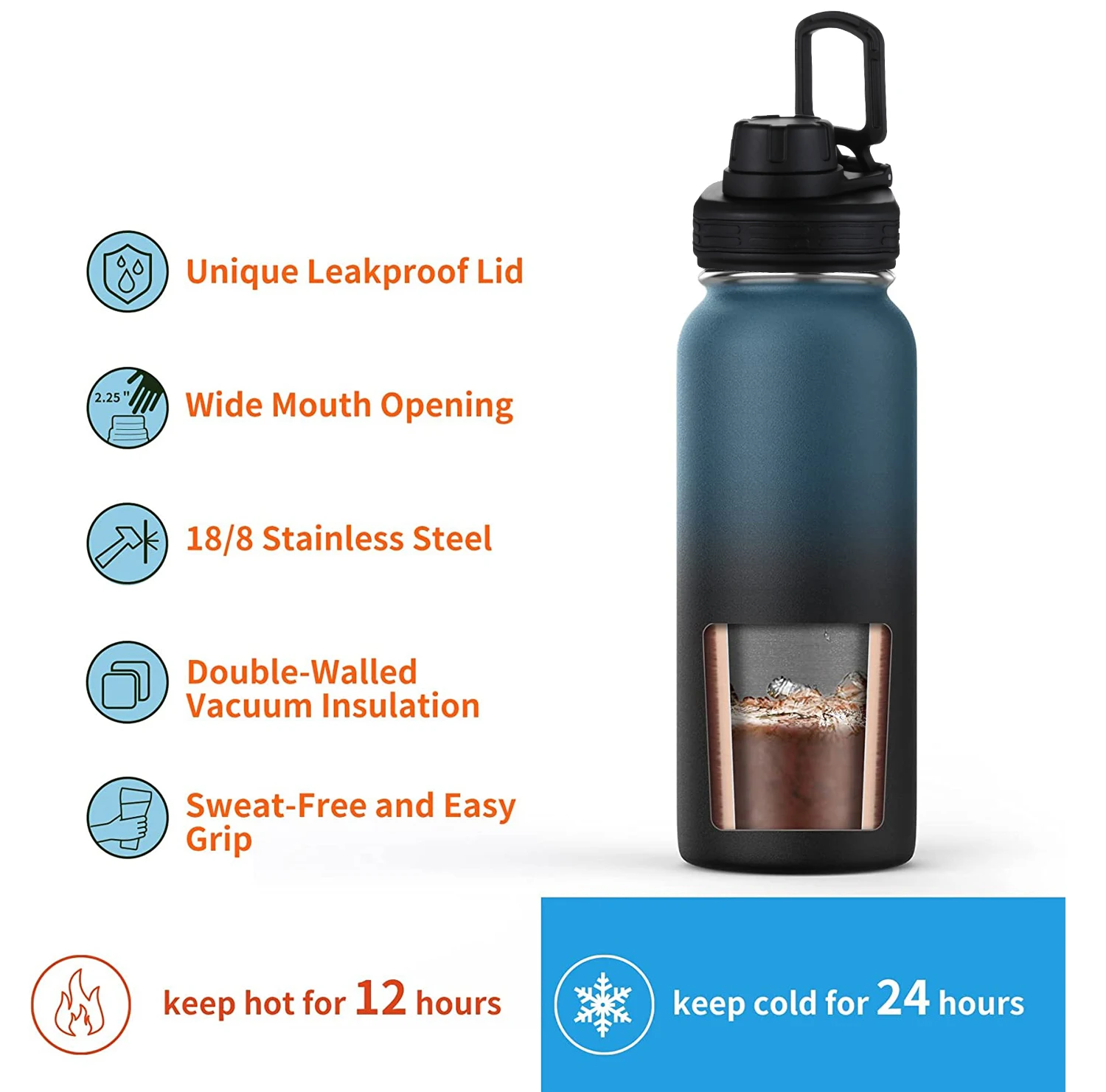 Everich 32oz 40oz Sports Thermos Insulated Vacuum Flask Stainless Steel Water Bottle