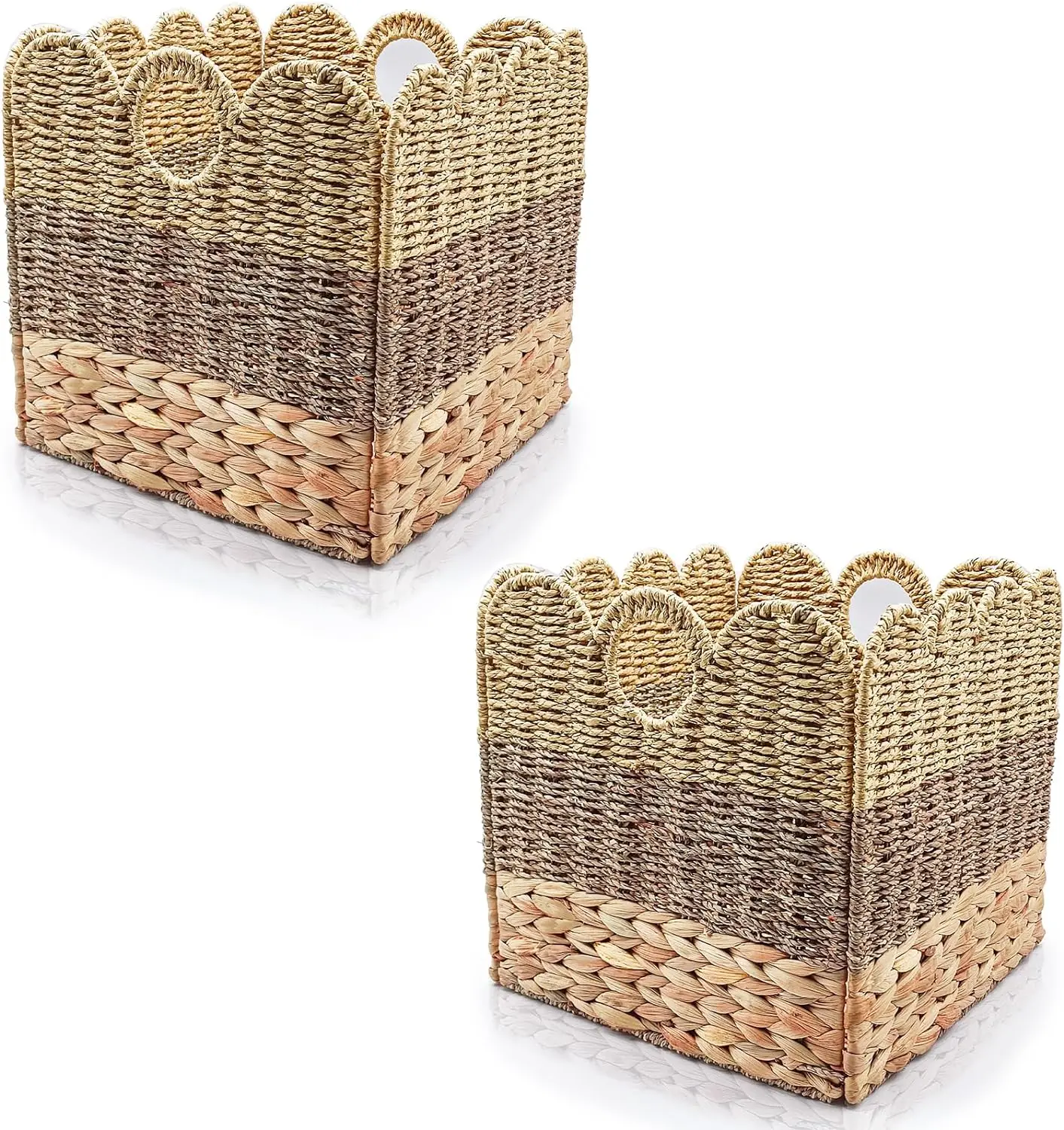 Scalloped Wicker Storage Cubes Basket Heavy Duty Hyacinth Baskets for Shelves Foldable Natural Boho Square Bins