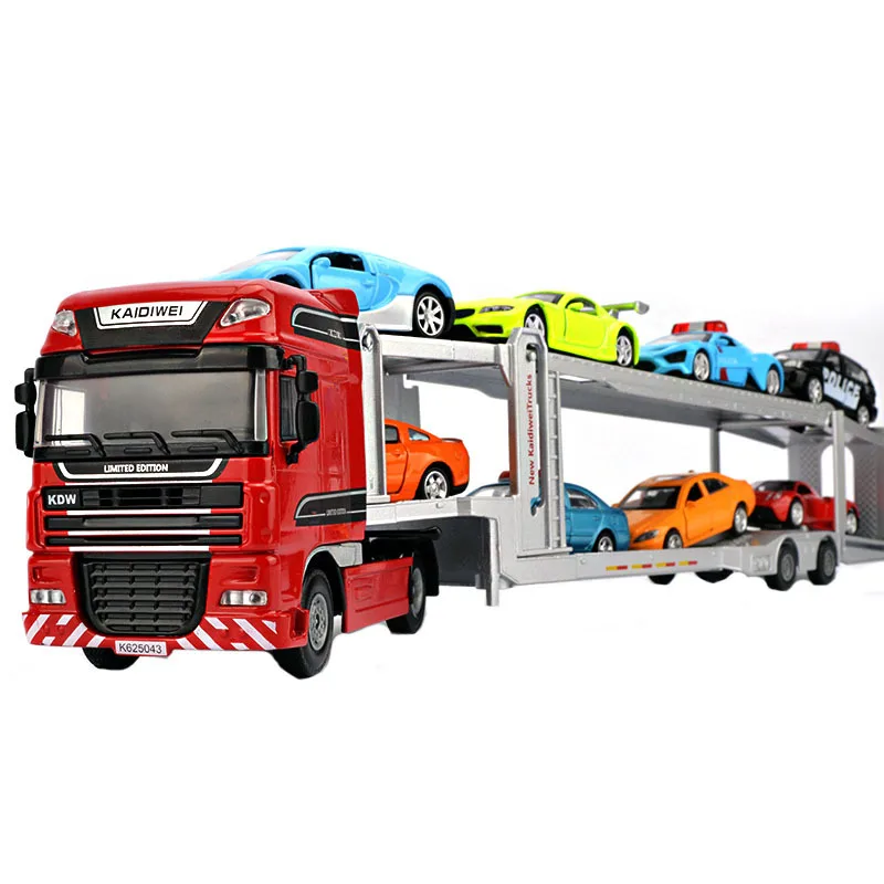 Simulation alloy material toy trailer model, detachable double-layer transport trailer model with front and body