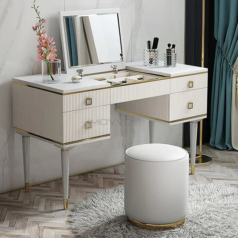 Modern Luxury Dressing Makeup Table Set Design Mirror with Flip-Open and Chair Dresser Furniture with chest drawers