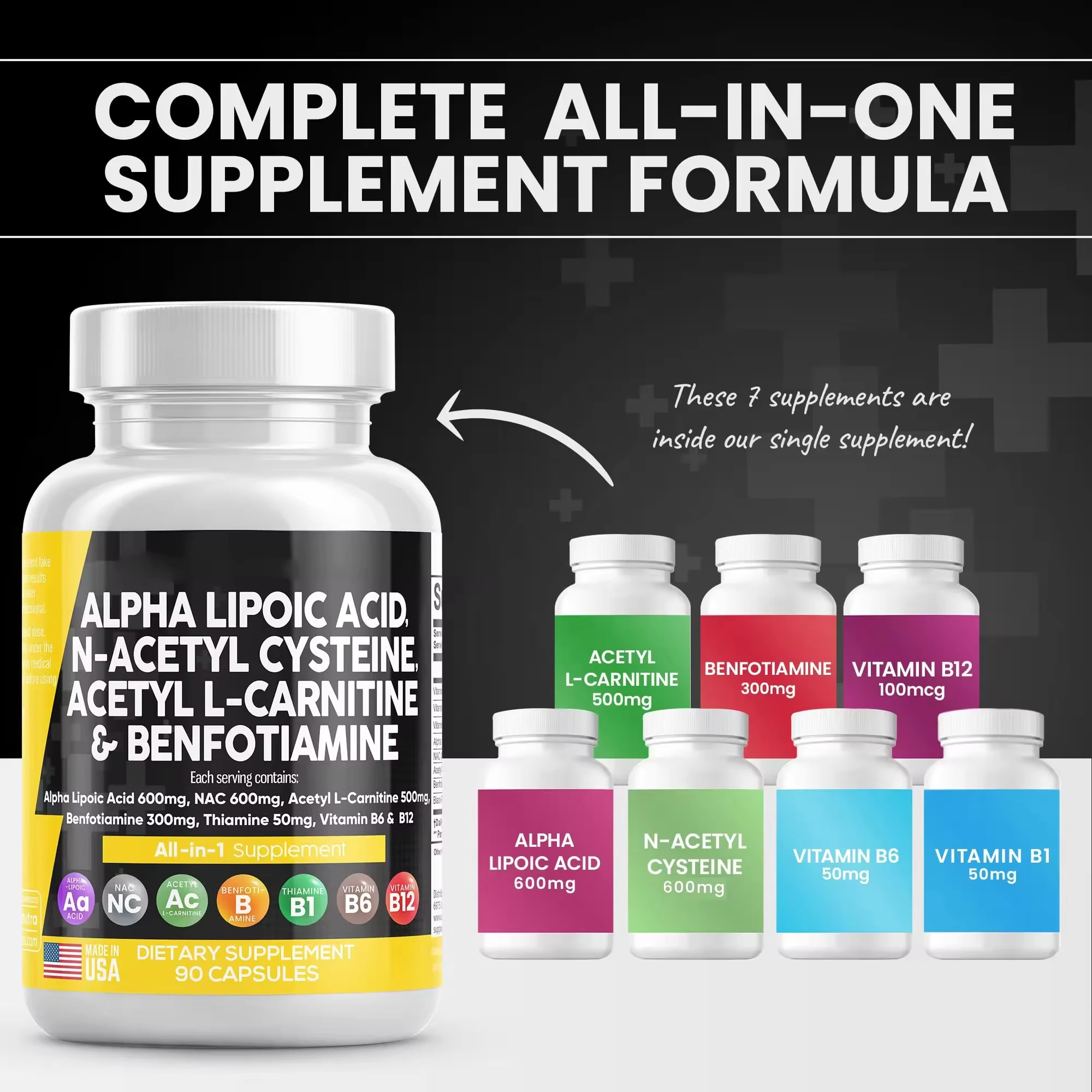 Alpha Lipoic Acid Capsules Acetyl L-Carnitine Benfotiamine with Vitamin B1 B6 B12 Natural Alpha Liopic Acid Powerful Antioxidant