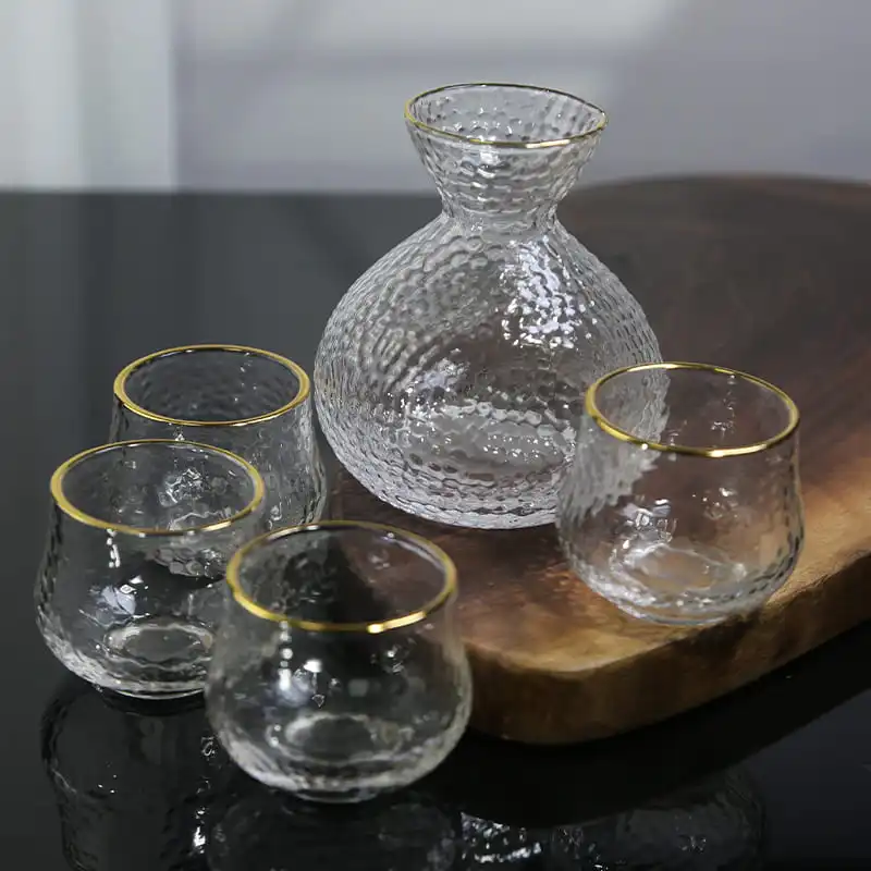 Japanese Sake Pot Set with Hammer Grain Design and Warmer