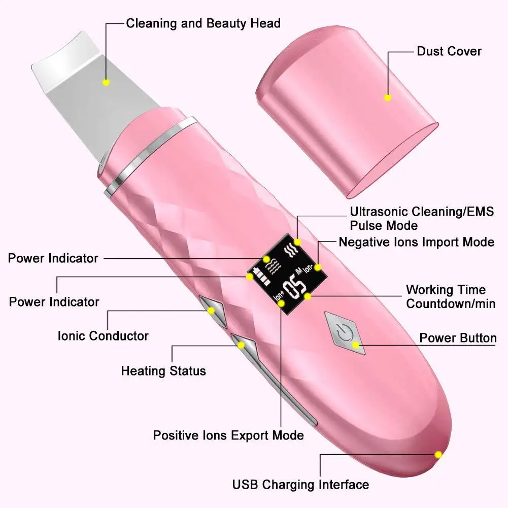 Led Display Wireless Ion Sonic Deep Cleansing Pore Cleaner Comedo Blackhead Remover Face Scraper Spatula Skin Facial Scrubber