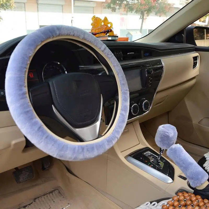 K395 Universal Steering-wheel Plush Faux fur Hand Brake Gear Cover Set Car Steering Wheel Covers