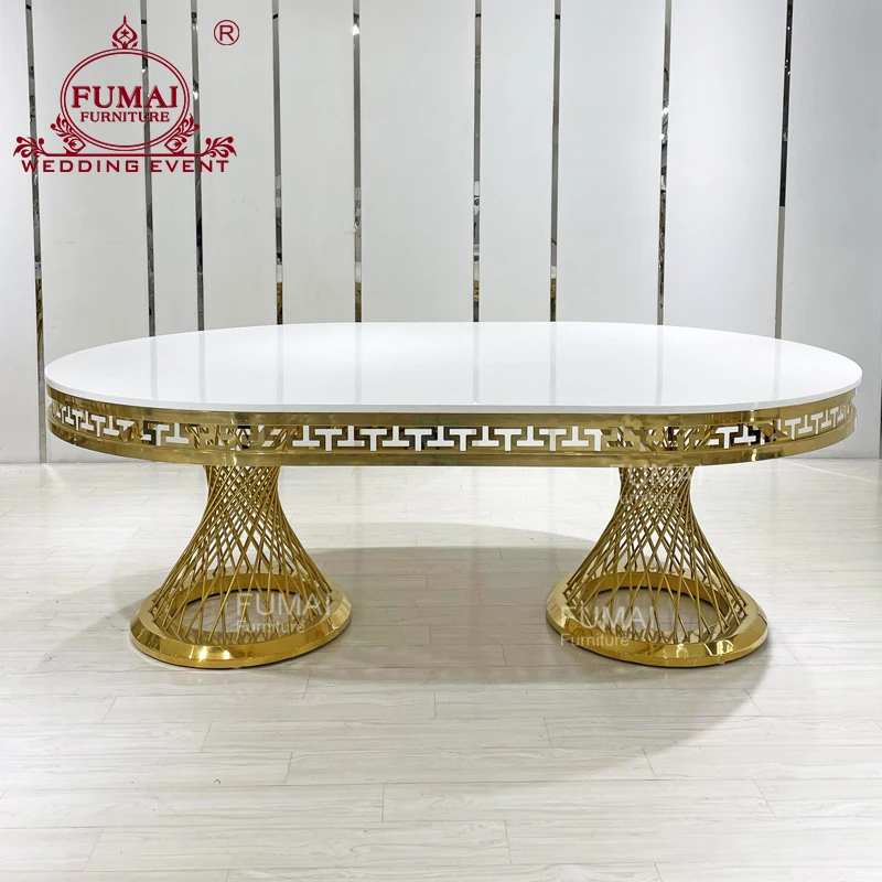 Oval stainless steel base mdf top banquet high gloss dining table