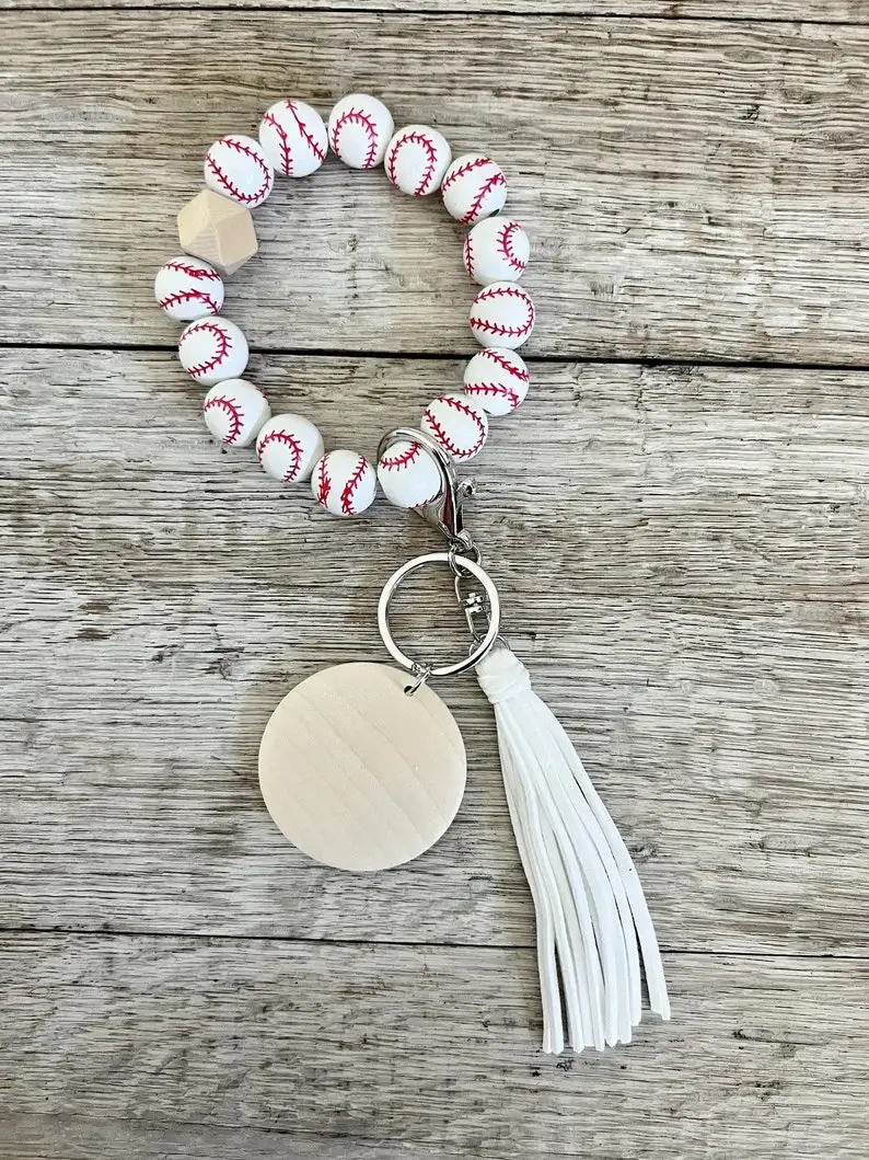 Hot Sale Sports Volleyball Basketball Soccer Baseball Wooden Beads Bracelet Keychain Gift For Mom Suede Tassel Wristlet Key Ring