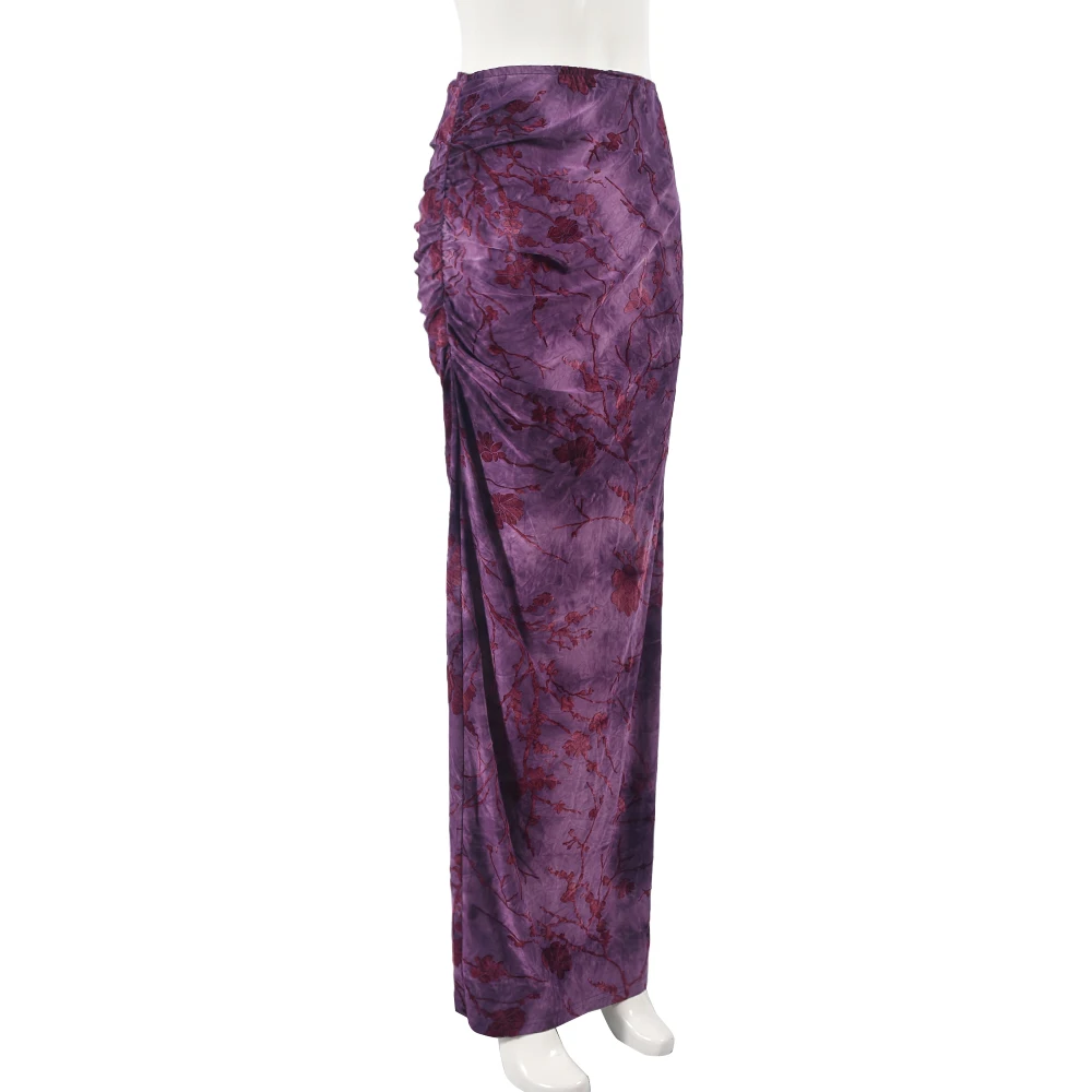 Garsia 51181DHD Sexy Purple Floral Flocking Long Skirts for Women Autumn Fashion High Waisted Back Ruched