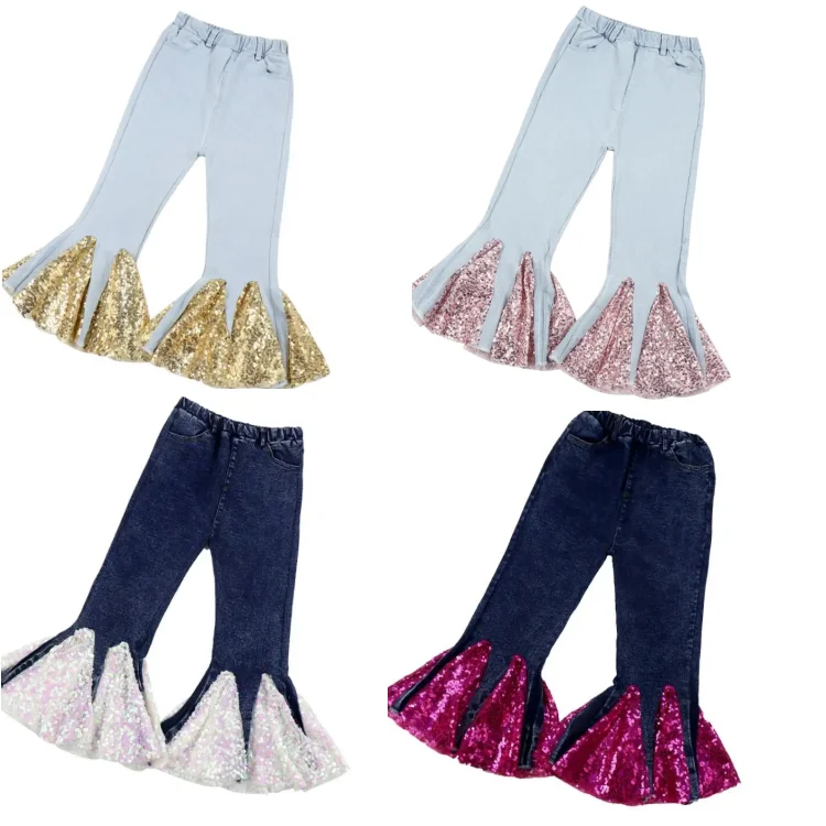 Girl Sequin Denim Jeans Flared  Jeans Boho Bell Bottom