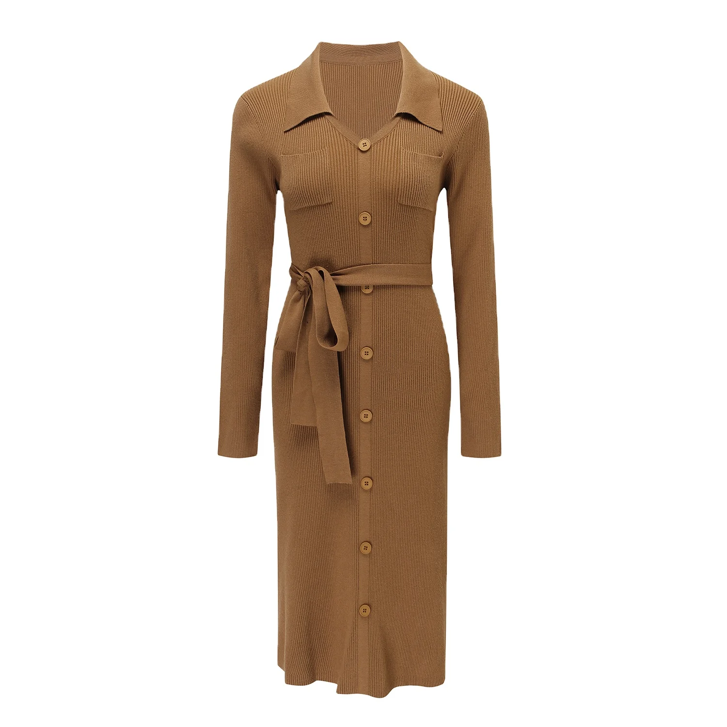 Custom Dress Manufacturer Women V Neck Long Sleeve Bodycon Sweater Dress Button Up Tie Waist Ribbed Knit Midi Shirt Dress