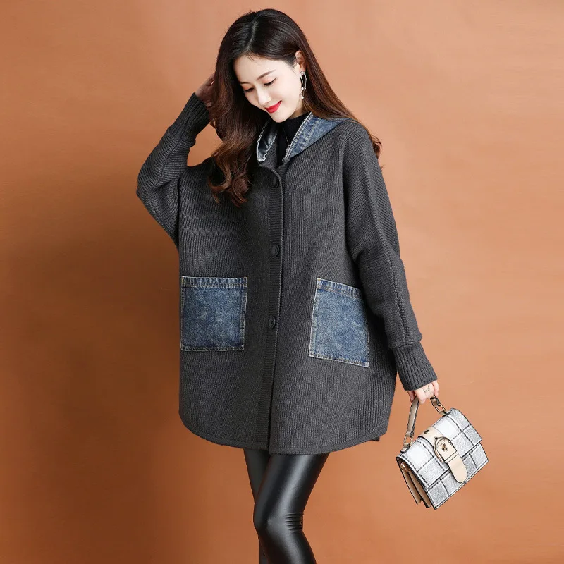 Autumn winter new arrival fashion lady batwing sleeve loose fit jacket patchwork plus size sweater hooded coat